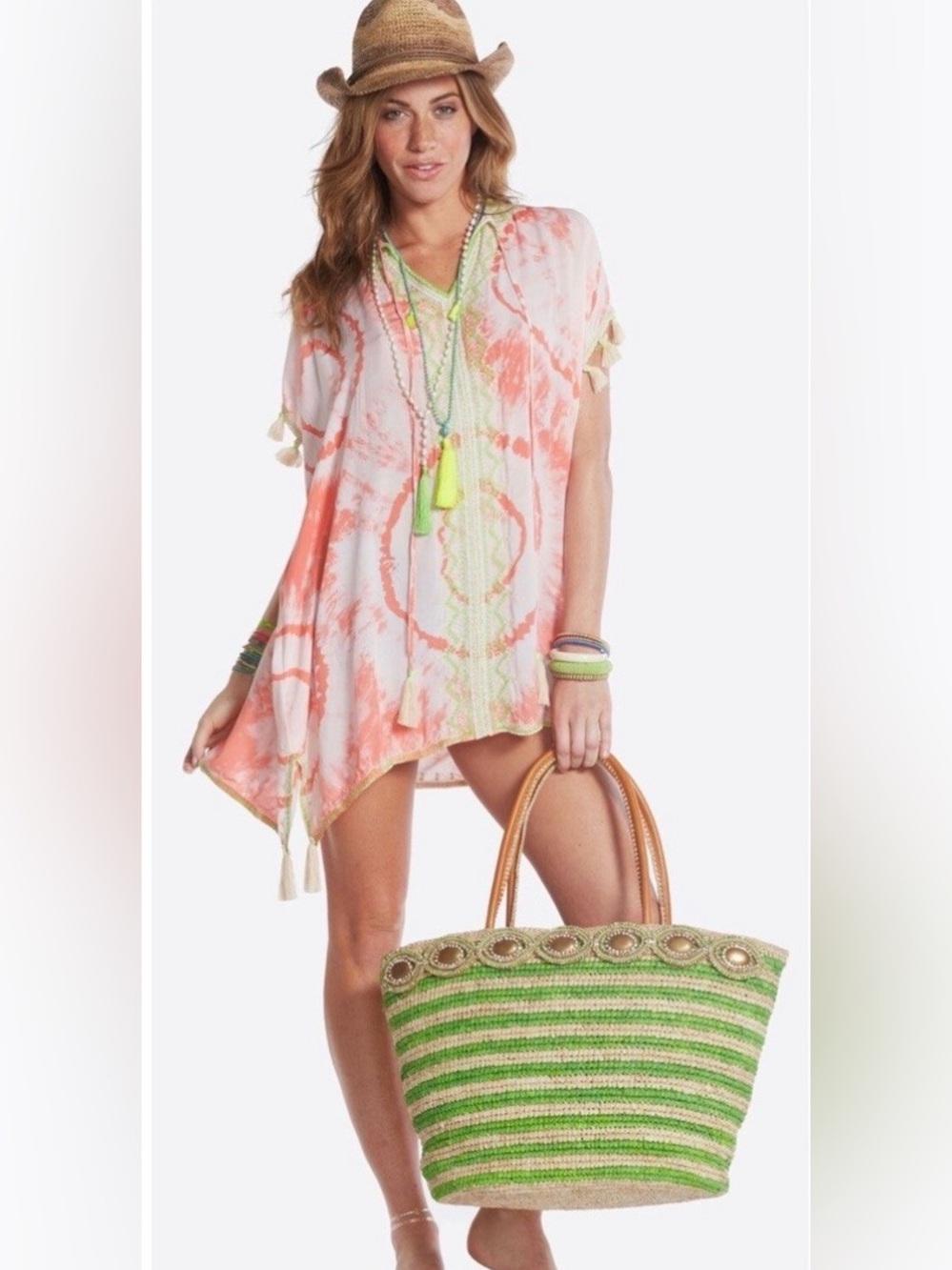 SKEMO Tie Dye Jelly Kaftan Tunic Cover Up Coral Green Tassel Embroidery Sz Med